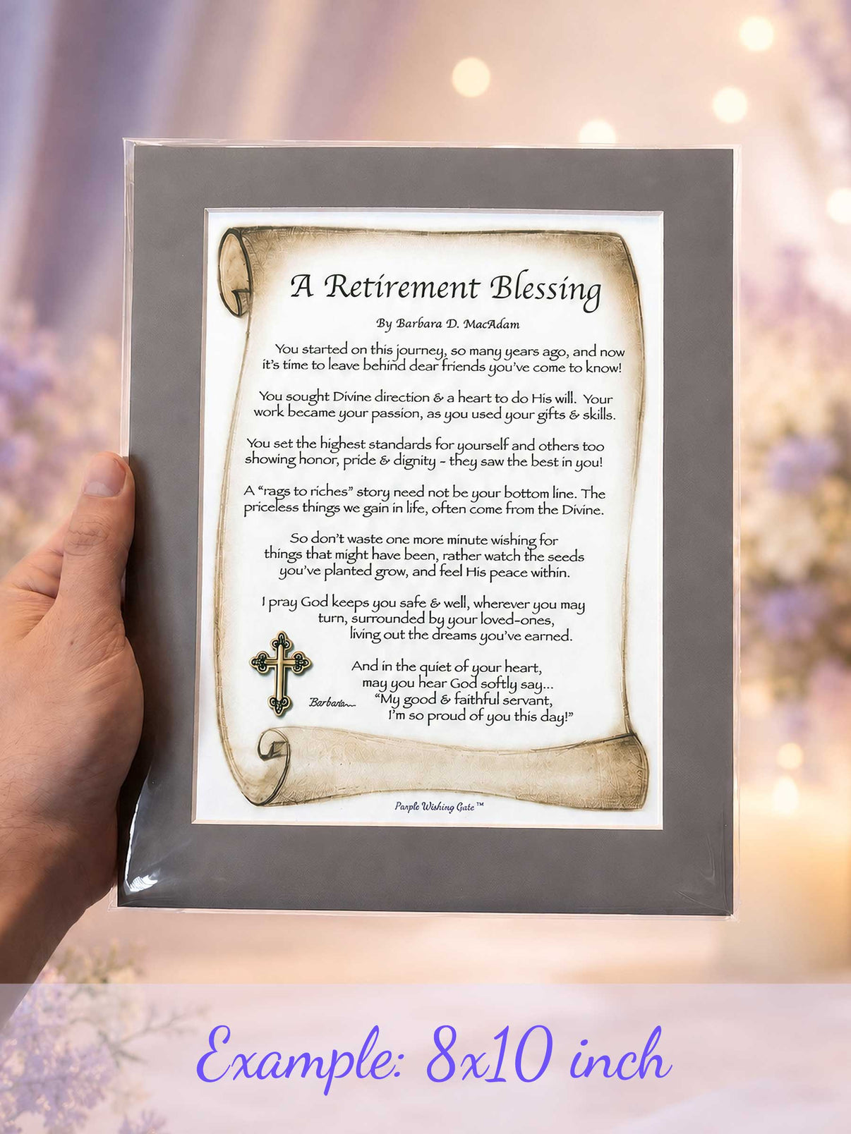 Example of an 8x10 matted Purple Wishing Gate blessing print held in hand with a taupe mat to show real-life size and presentation.