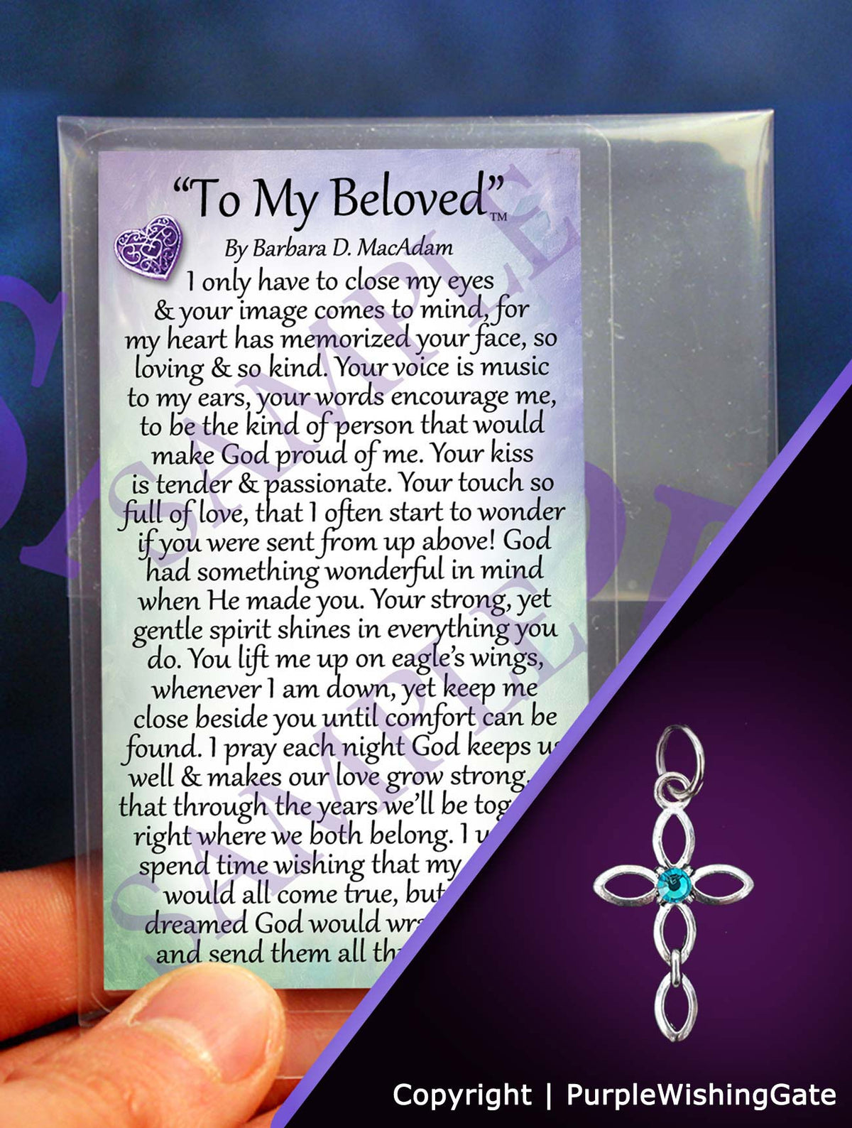 Laminated card with a love poem titled 'To My Beloved,' and an infinity cross charm with a Caribbean blue crystal on a purple background.