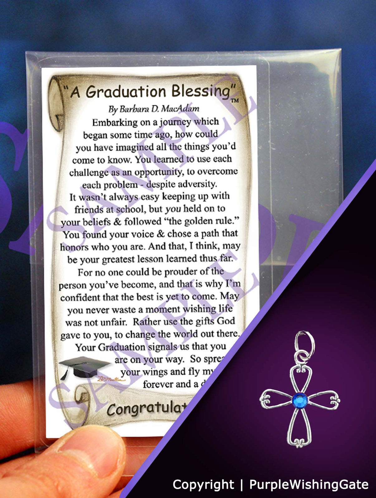 Wallet-size graduation blessing card, plus an angel-like cross charm with a royal blue crystal against a purple background.