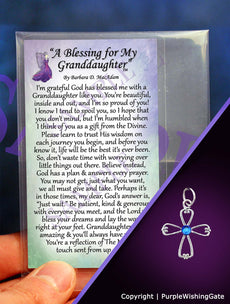 Wallet-size card with a grandmother's blessing, plus an infinity cross with a Caribbean blue crystal against a purple background.