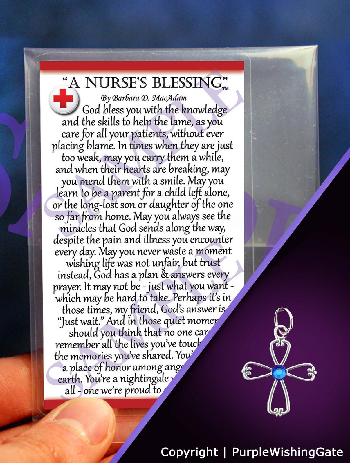 Nurse's blessing card and an angel-like cross cross charm with a royal blue crystal on a purple background.