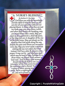Nurse's blessing card and an infinity cross charm with a Caribbean blue crystal on a purple background.