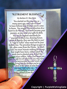 Retirement blessing card and a heritage cross pendant with a royal blue crystal on a purple background.