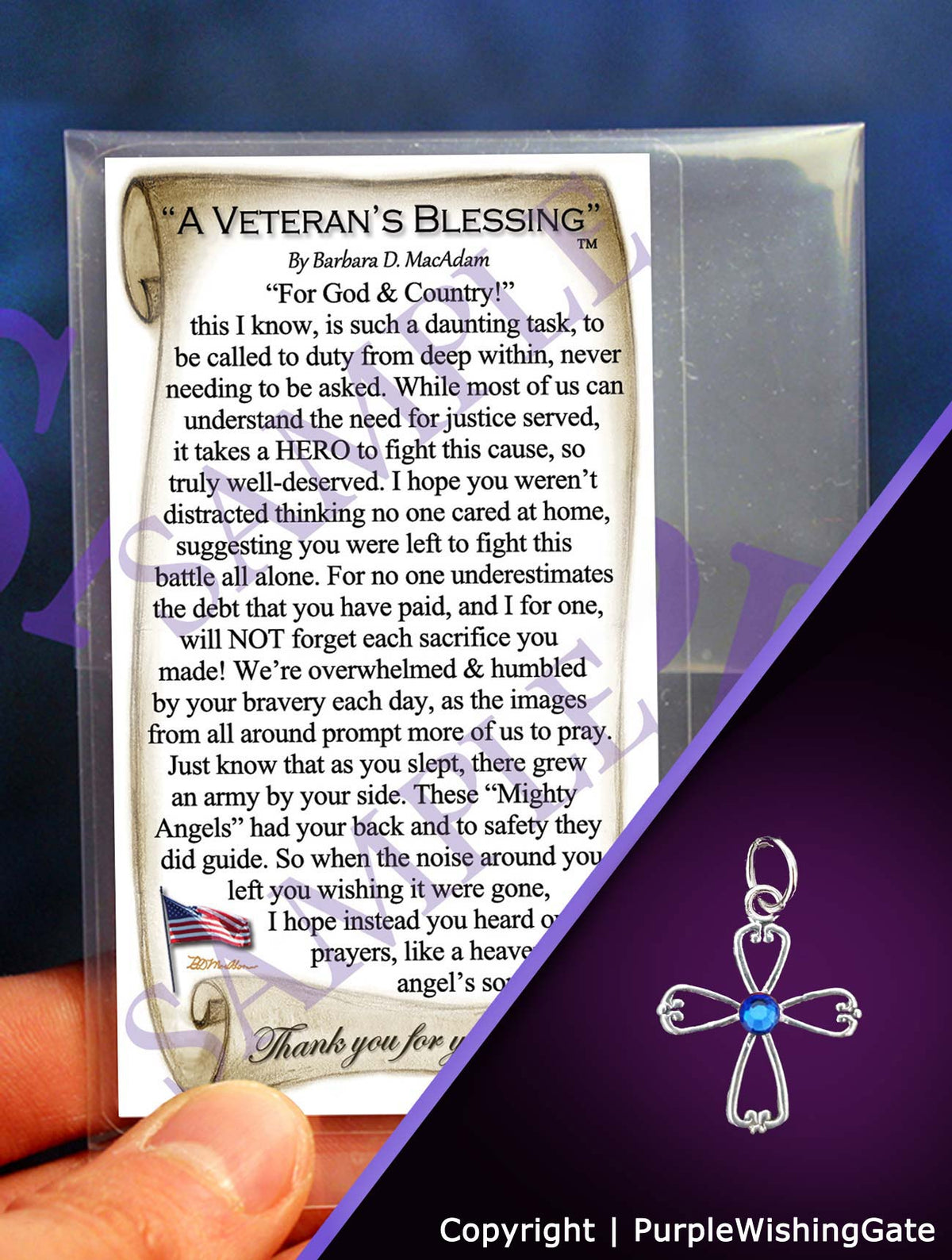 Veteran's blessing card and an angel-like cross pendant with a royal blue crystal on a purple background