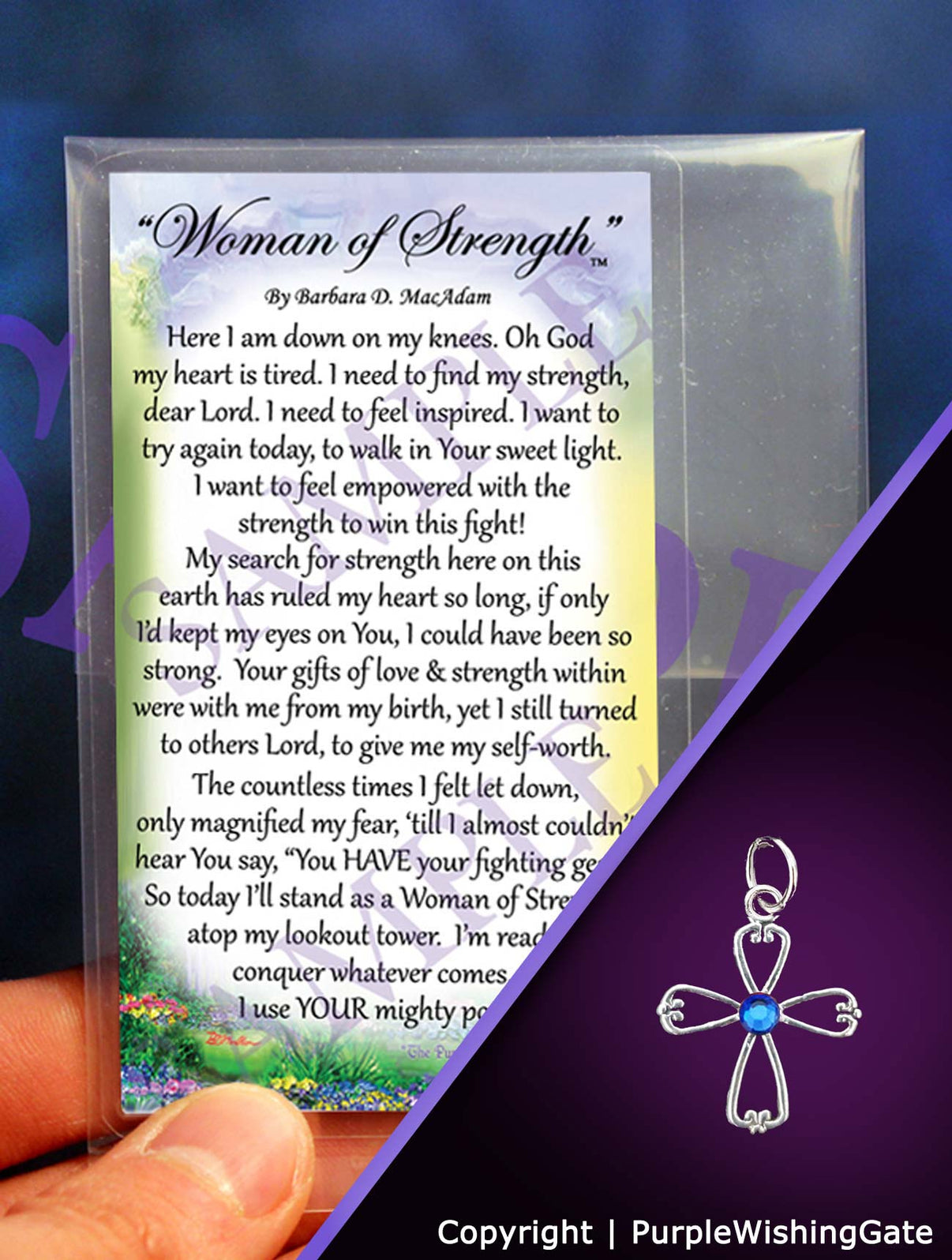 Woman of Strength prayer card with an angel-like cross charm on a purple background