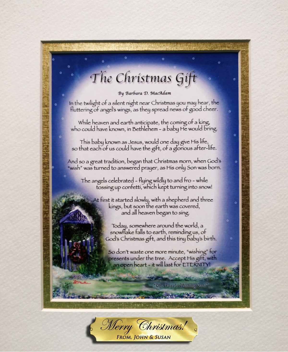 The Christmas Gift with Free Personalized Nameplate poem on Winter Twilight artwork, shown as an 8×10 matted print with a personalized nameplate.