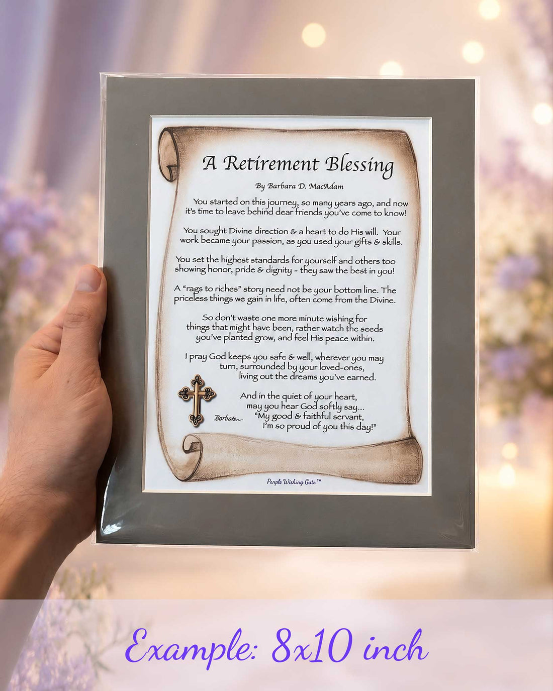 Example of an 8x10 matted Purple Wishing Gate blessing print held in hand with a taupe mat to show real-life size and presentation.