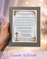 Example of an 8x10 matted Purple Wishing Gate blessing print held in hand with a taupe mat to show real-life size and presentation.