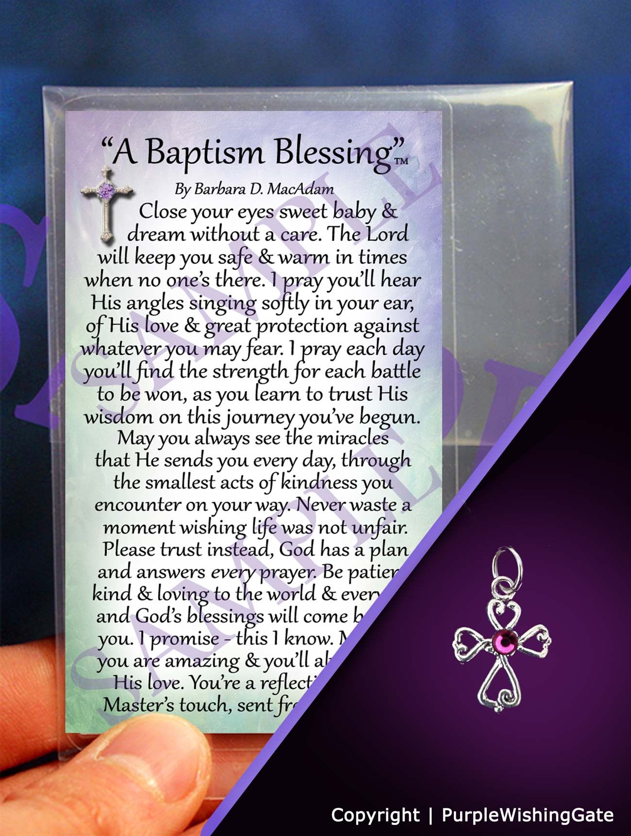 A wallet-size laminated card titled 'A Baptism Blessing,' shown with a small angel-like charm with a fuchsia crystal against a purple background.