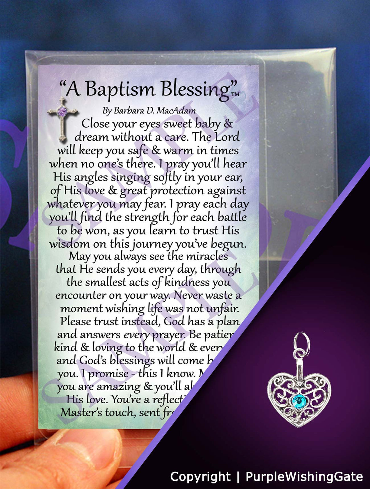 A wallet-size laminated card titled 'A Baptism Blessing,' shown with a heart-shaped charm with a Caribbean blue crystal against a purple background.