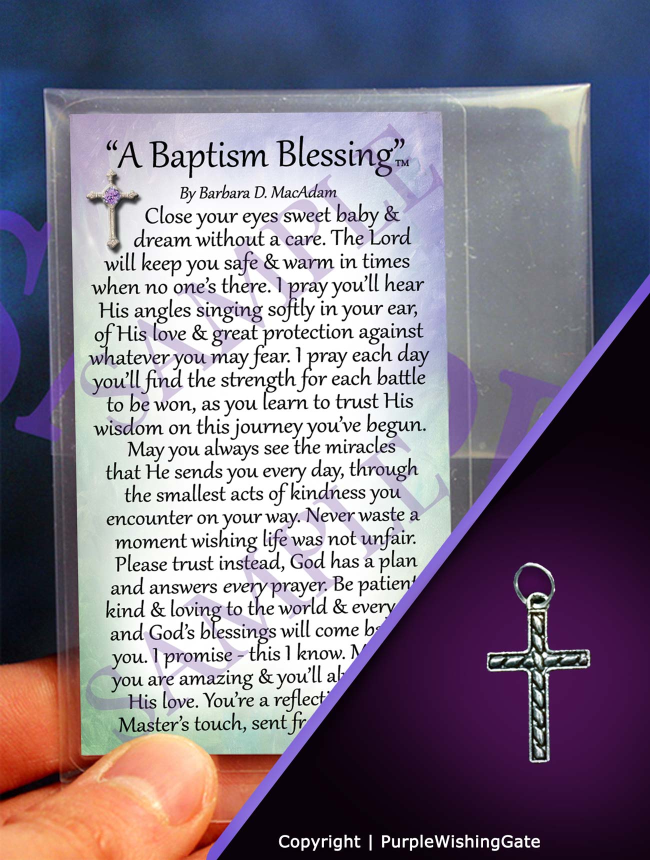 Baptism blessing card with a boy's small cross pendant charm on a purple background