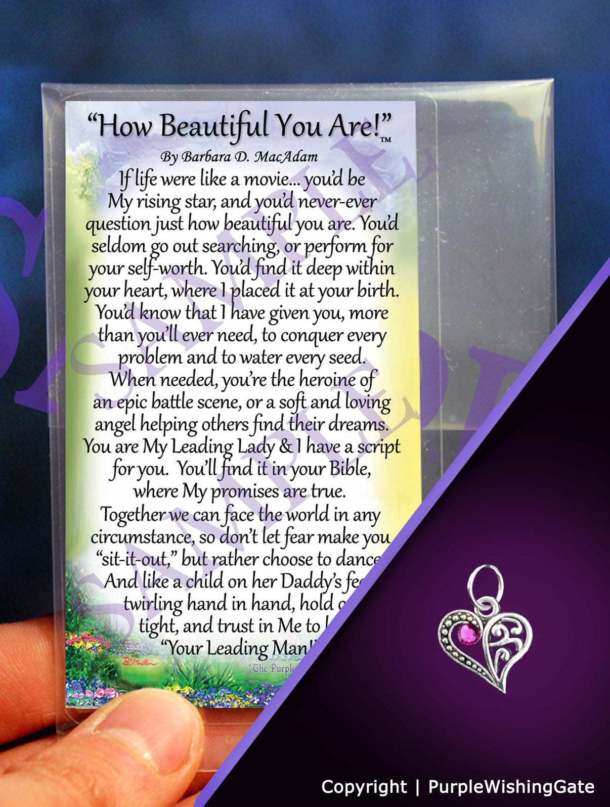 Laminated card with an inspirational poem titled 'How Beautiful You Are,' and a crescent-shaped heart charm with a fuchsia crystal against a purple background.