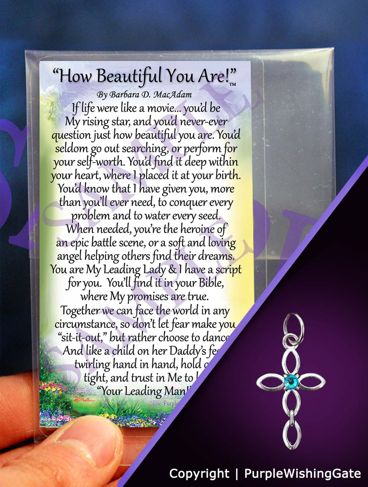 Laminated card with an inspirational poem titled 'How Beautiful You Are,' and an infinity cross with a royal blue crystal against a purple background.