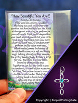 Laminated card with an inspirational poem titled 'How Beautiful You Are,' and an infinity cross with a royal blue crystal against a purple background.