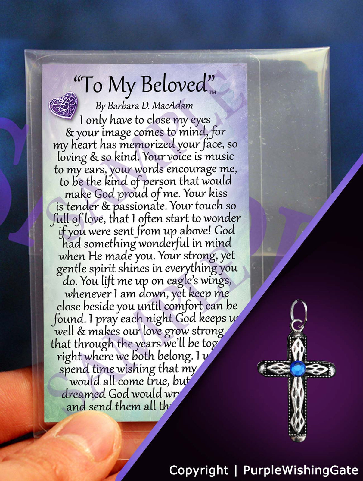 Laminated card with a love poem titled 'To My Beloved,' and a heritage cross charm with a royal blue crystal on a purple background.