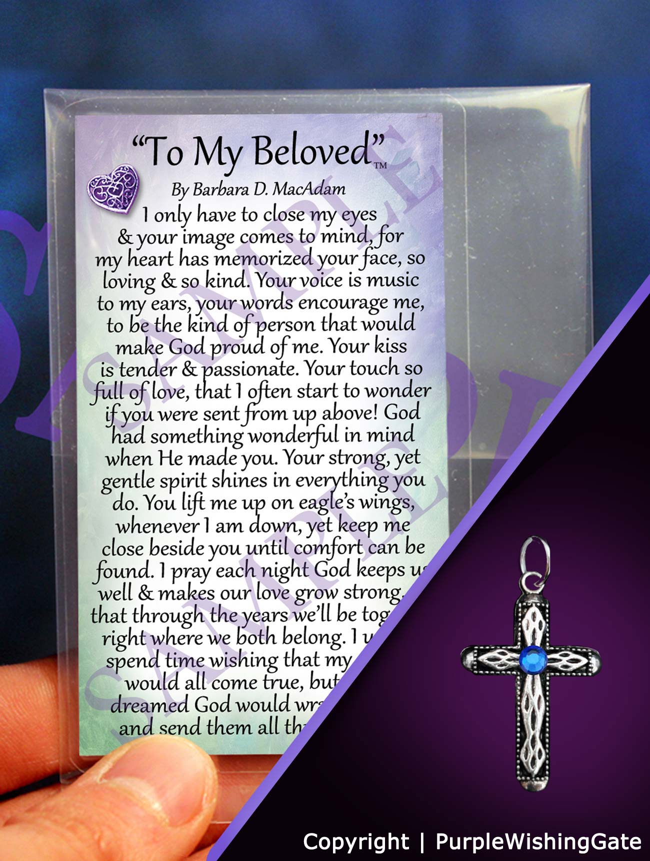 Laminated card with a love poem titled 'To My Beloved,' and a heritage cross charm with a royal blue crystal on a purple background.