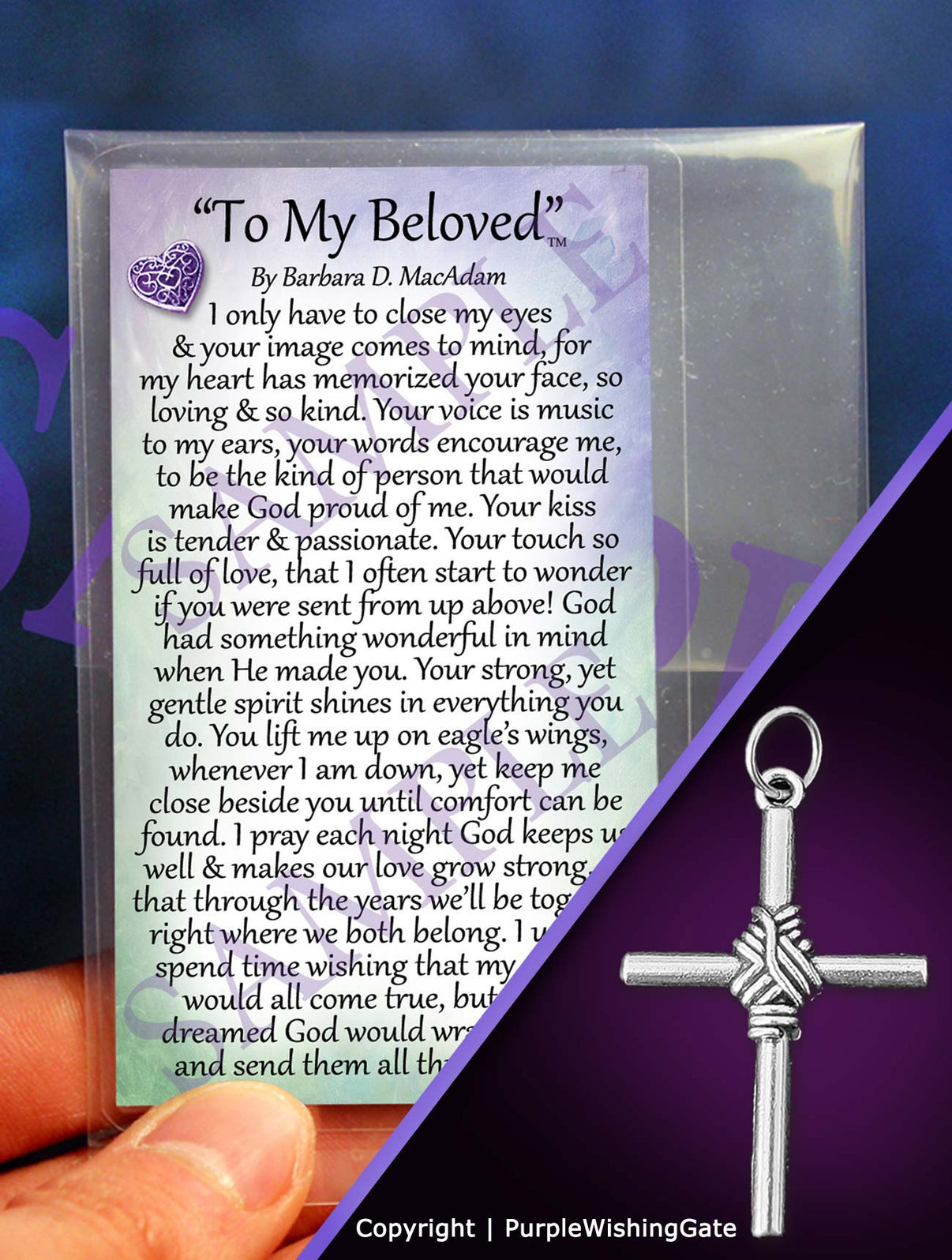 Laminated card with a poem titled 'To My Beloved' and a silver rope cross pendant on a purple background.