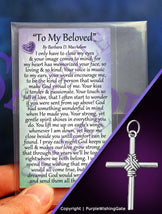 Laminated card with a poem titled 'To My Beloved' and a silver rope cross pendant on a purple background.