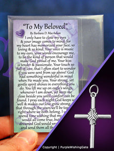 Laminated card with a poem titled 'To My Beloved' and a silver rope cross pendant on a purple background.