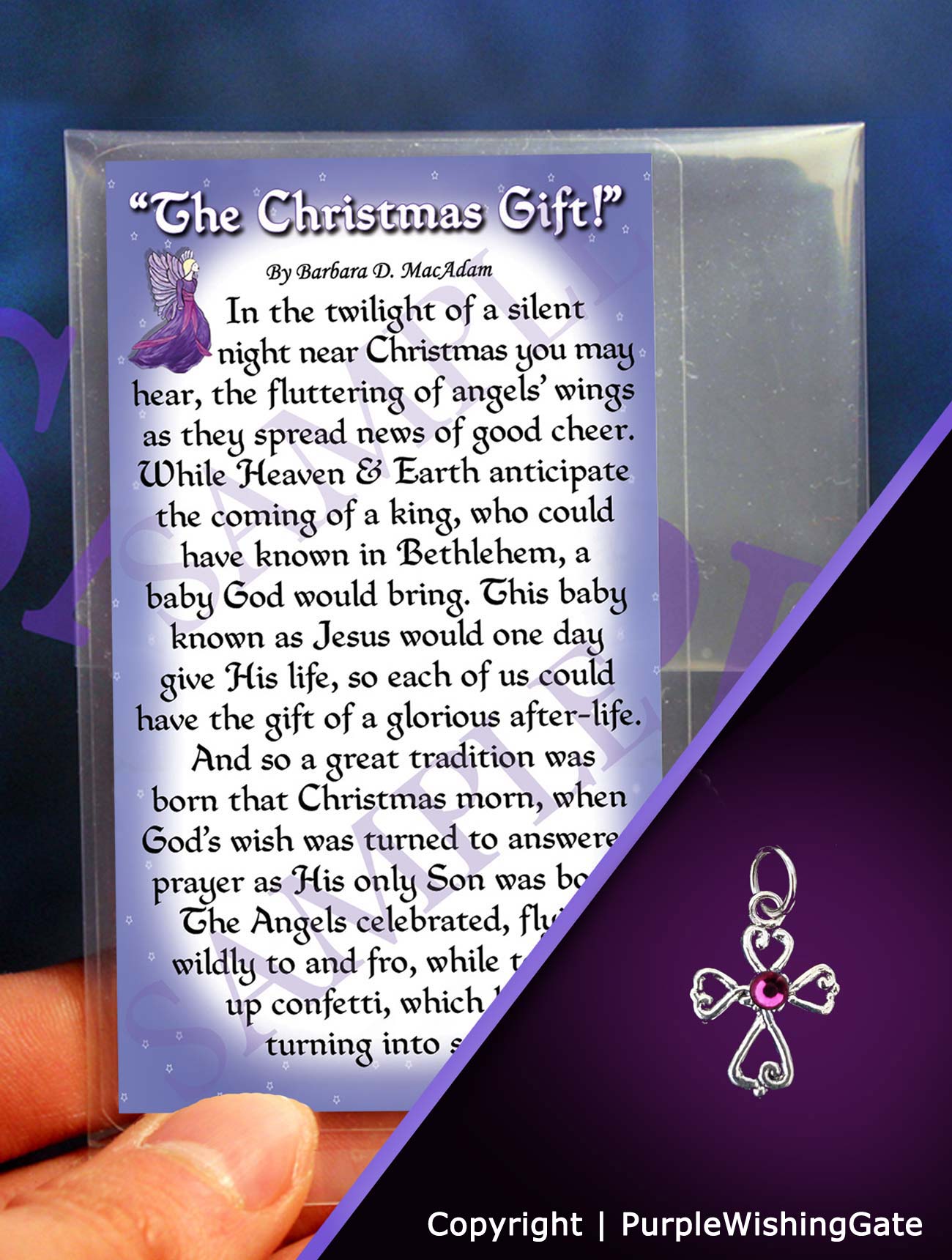 A poem titled 'The Christmas Gift' shown on a wallet-size card, and a tiny angel-like cross charm with a fuchsia crystal against a purple background.