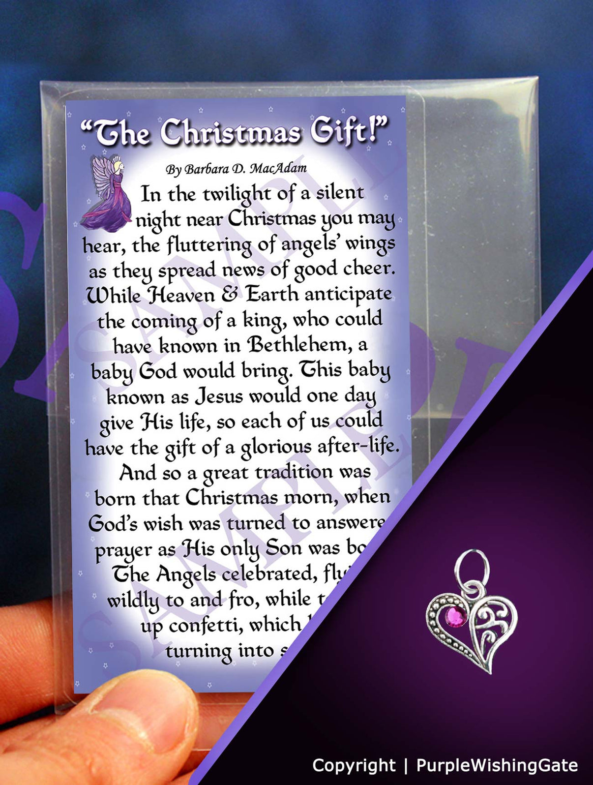 A poem titled 'The Christmas Gift' shown on a wallet-size card, and a crescent-shaped heart charm with a fuchsia crystal against a purple background.