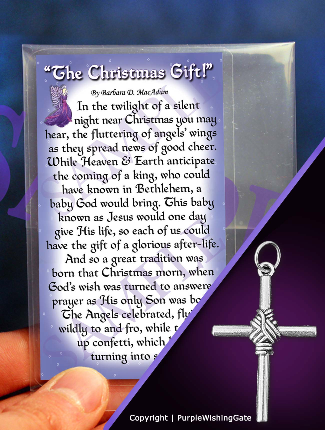 A poem titled 'The Christmas Gift' shown on a wallet-size card, and a masculine rope cross pendant against a purple background.