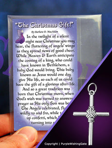 A poem titled 'The Christmas Gift' shown on a wallet-size card, and a masculine rope cross pendant against a purple background.
