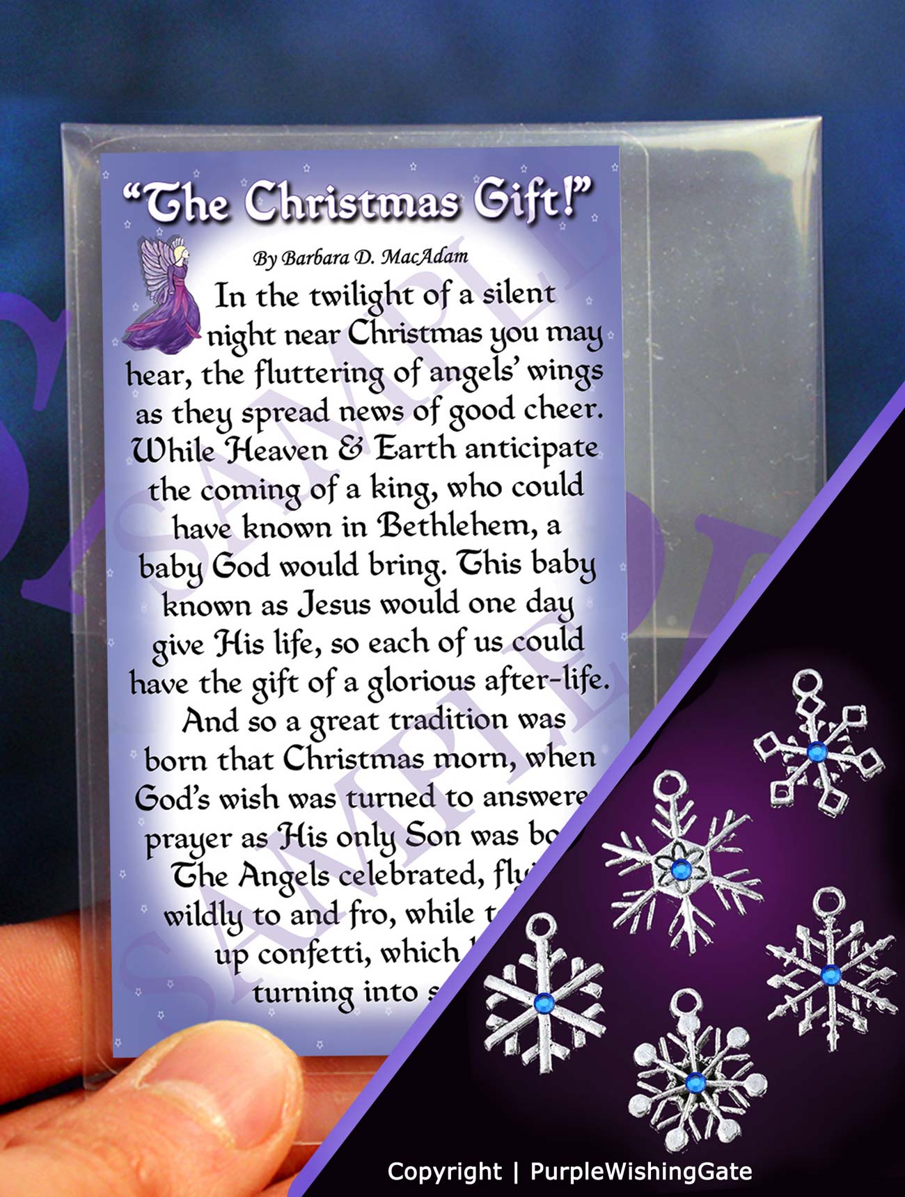 Christmas-themed pocket blessing card with snowflake charms on a purple background