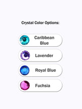 Crystal color options with Caribbean Blue, Lavender, Royal Blue, and Fuchsia displayed on a white background.