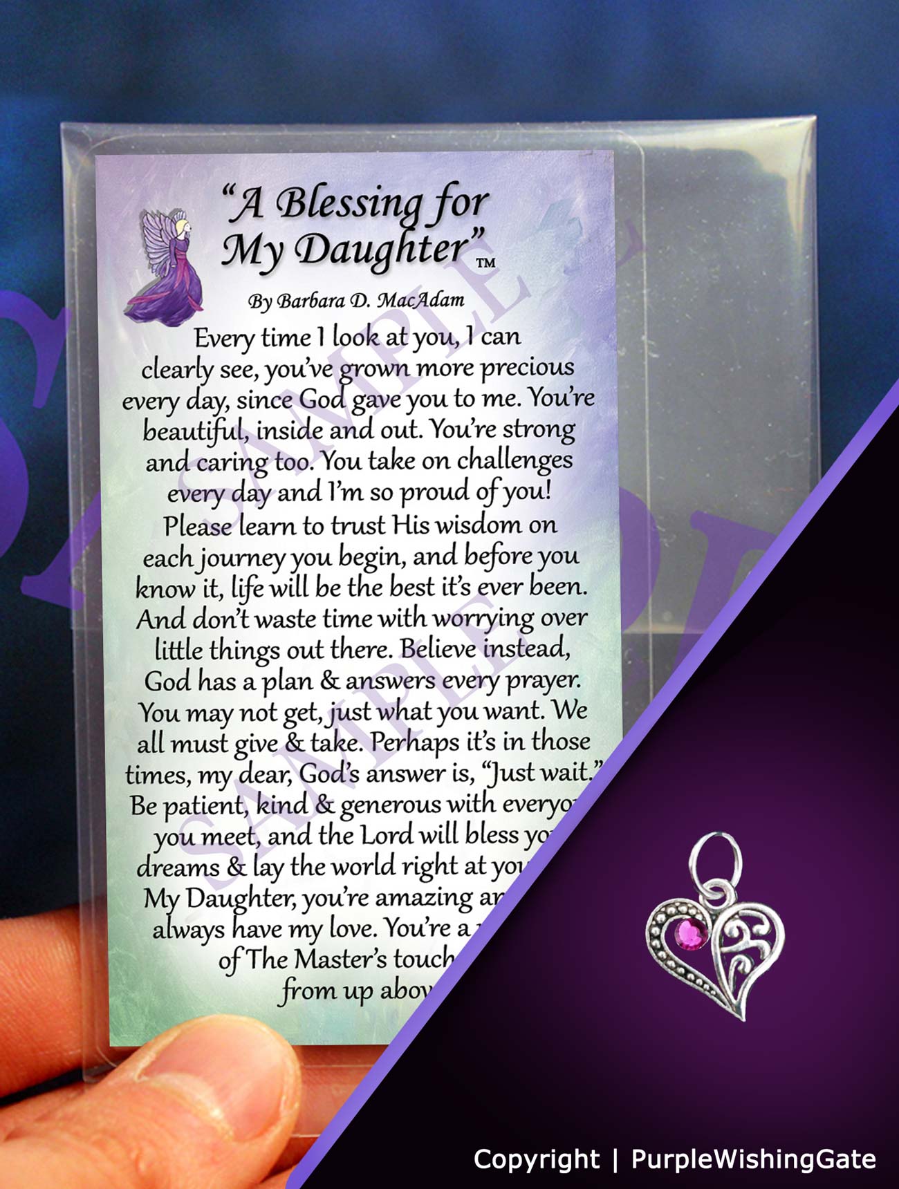A daughter's blessing on a wallet-size card, and a crescent-shaped heart charm with a fuchsia crystal against a purple background.