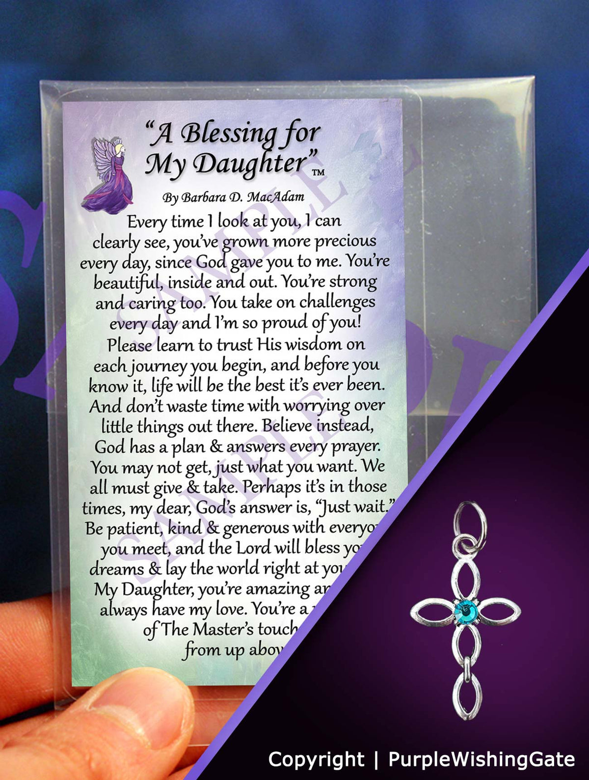 A daughter's blessing on a wallet-size card, and an infinity cross with a Caribbean blue crystal against a purple background.
