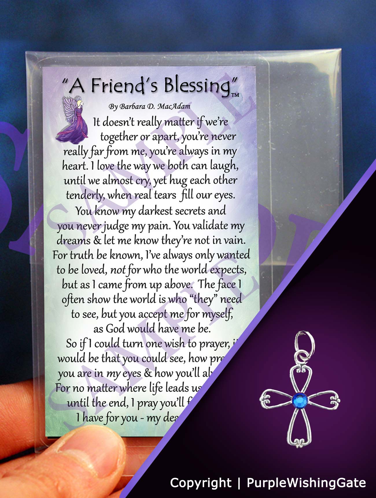 Wallet-size card with a poem titled 'A Friend's Blessing,' and an angel-like cross with a royal blue crystal against a purple background.