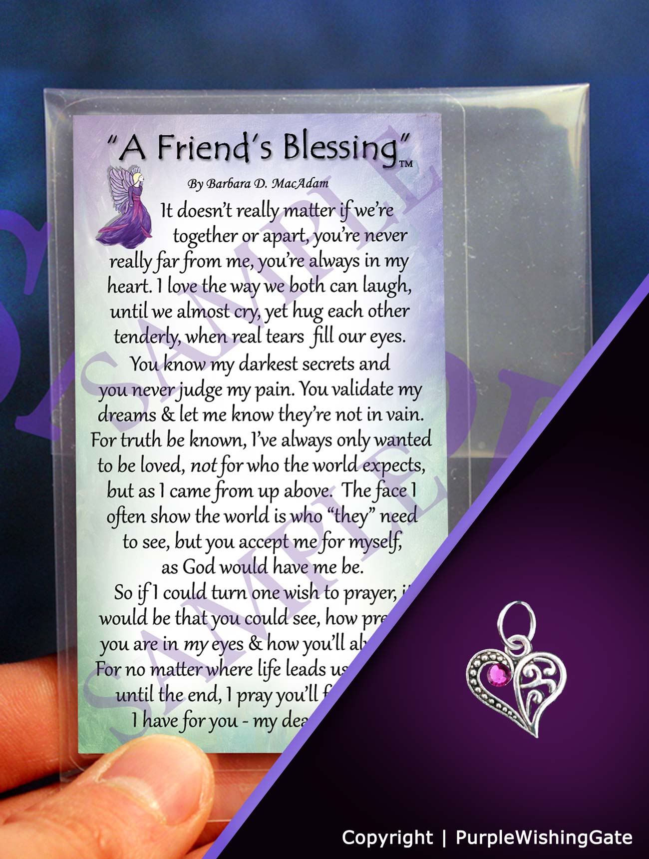 Wallet-size card with a poem titled 'A Friend's Blessing,' and a crescent-shaped heart charm with a fuchsia crystal against a purple background.
