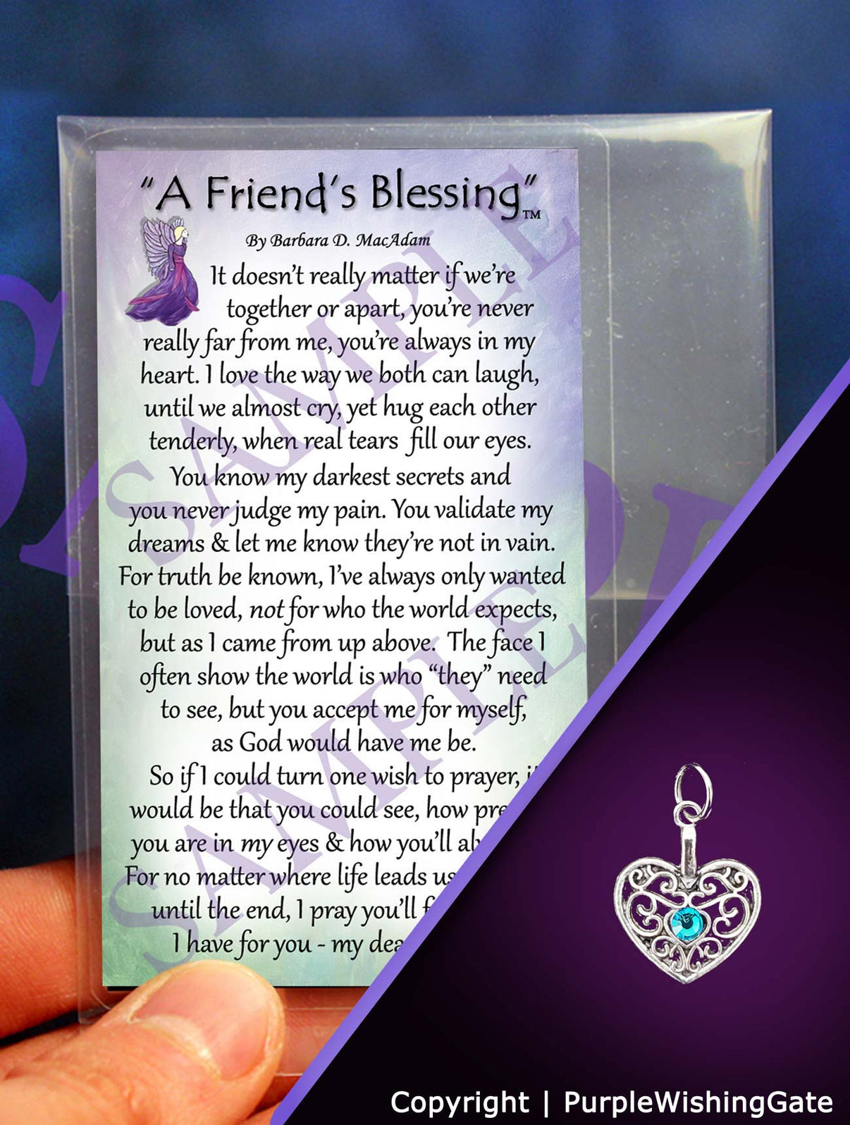 Wallet-size card with a poem titled 'A Friend's Blessing, and a heart-shaped charm with a Caribbean blue crystal against a purple background.