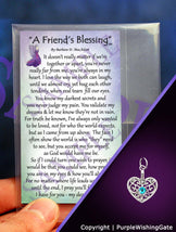 Wallet-size card with a poem titled 'A Friend's Blessing, and a heart-shaped charm with a Caribbean blue crystal against a purple background.