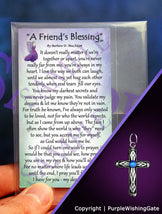 Wallet-size card with a poem titled 'A Friend's Blessing,' and a heritage cross with a royal blue crystal against a purple background.