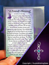 Wallet-size card with a poem titled 'A Friend's Blessing,' and an infinity cross with a Caribbean blue crystal against a purple background.