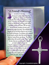 Wallet-size card with a poem titled 'A Friend's Blessing,' and a masculine rope cross against a purple background.