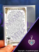 Wallet-size graduation blessing card, plus a heart-shaped charm with a Caribbean blue crystal against a purple background.
