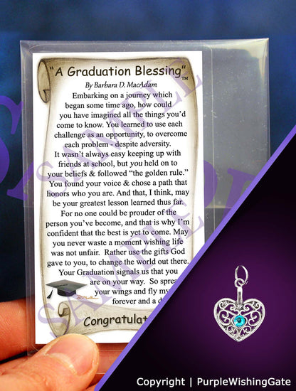 Wallet-size graduation blessing card, plus a heart-shaped charm with a Caribbean blue crystal against a purple background.