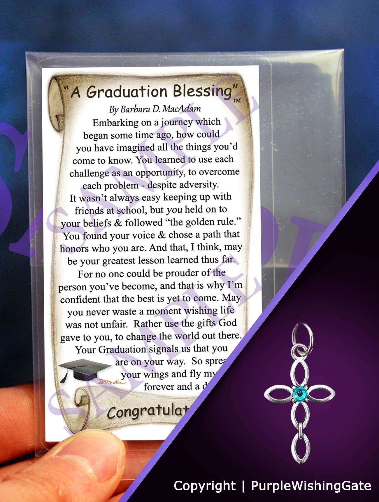 Wallet-size graduation blessing card, plus an infinity cross charm with a Caribbean blue crystal against a purple background.