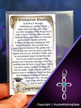 Wallet-size graduation blessing card, plus an infinity cross charm with a Caribbean blue crystal against a purple background.