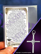 Wallet-size graduation blessing card, plus a masculine rope cross pendant a against a purple background.
