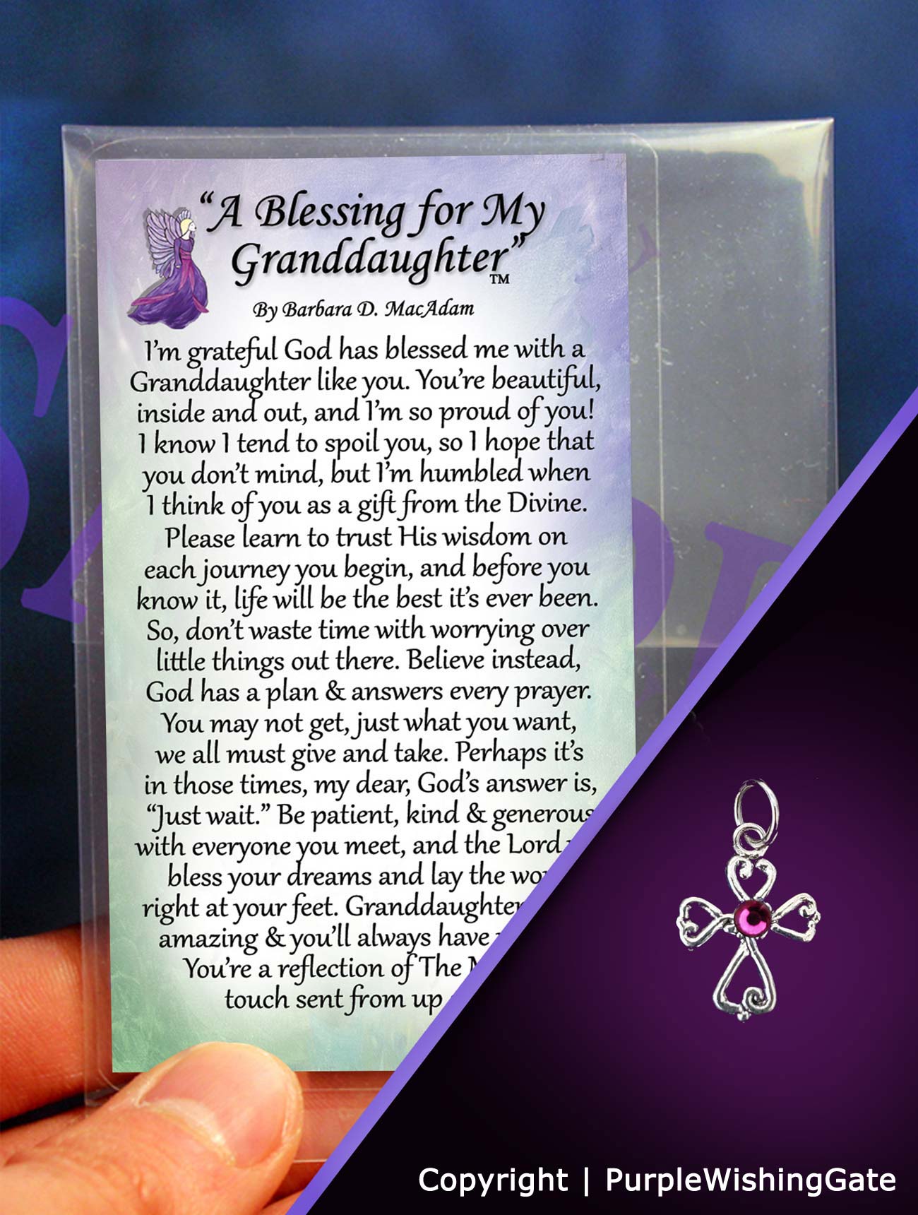 Wallet-size card with a granddaughter's blessing, plus a tiny angel-like cross with a fuchsia crystal against a purple background.