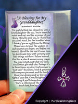 Wallet-size card with a granddaughter's blessing, plus a tiny angel-like cross with a fuchsia crystal against a purple background.