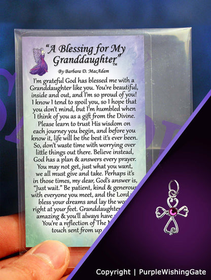 Wallet-size card with a granddaughter's blessing, plus a tiny angel-like cross with a fuchsia crystal against a purple background.