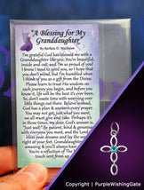 Wallet-size card with a granddaughter's blessing, plus an infinity cross with a Caribbean blue crystal against a purple background.
