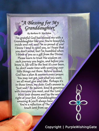 Wallet-size card with a granddaughter's blessing, plus an infinity cross with a Caribbean blue crystal against a purple background.