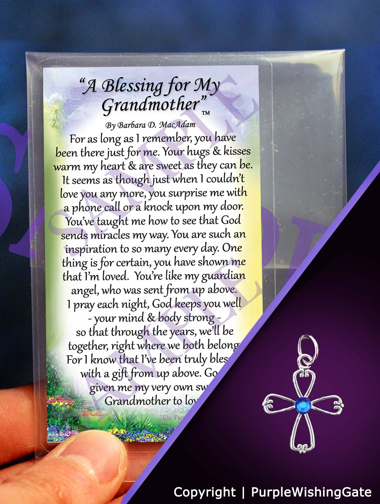 Wallet-size card with a grandmother's blessing, plus an angel-like cross with a royal blue crystal against a purple background.