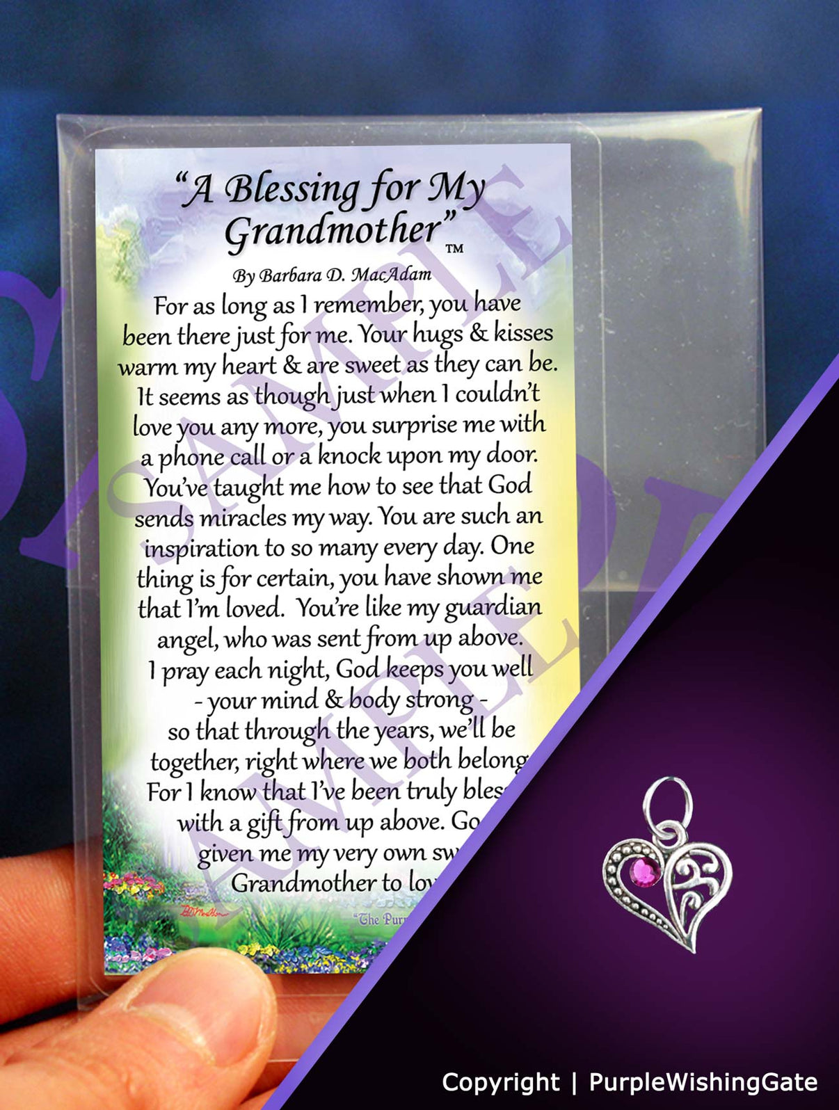 Wallet-size card with a grandmother's blessing, plus a crescent-shaped heart charm with a fuchsia crystal against a purple background.